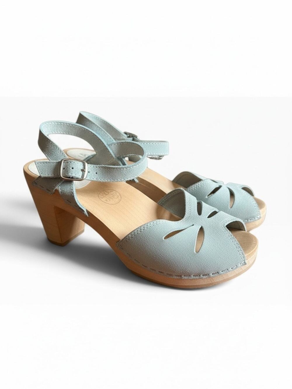 Maguba Pale Blue Leather Cutout Platform Clog Sandals Size 41
